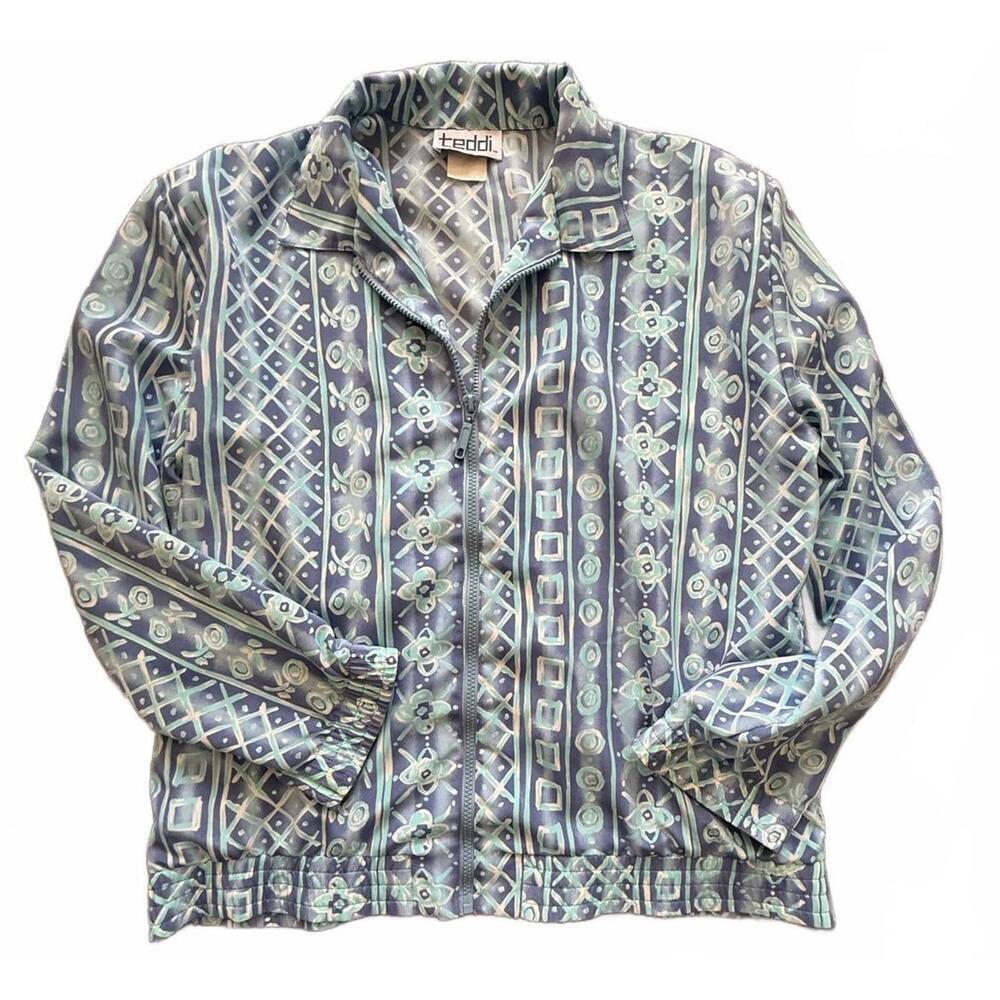 Vintage Teddi Geometric Print Button-Up Shirt Blue Green (Women’s L/XL)